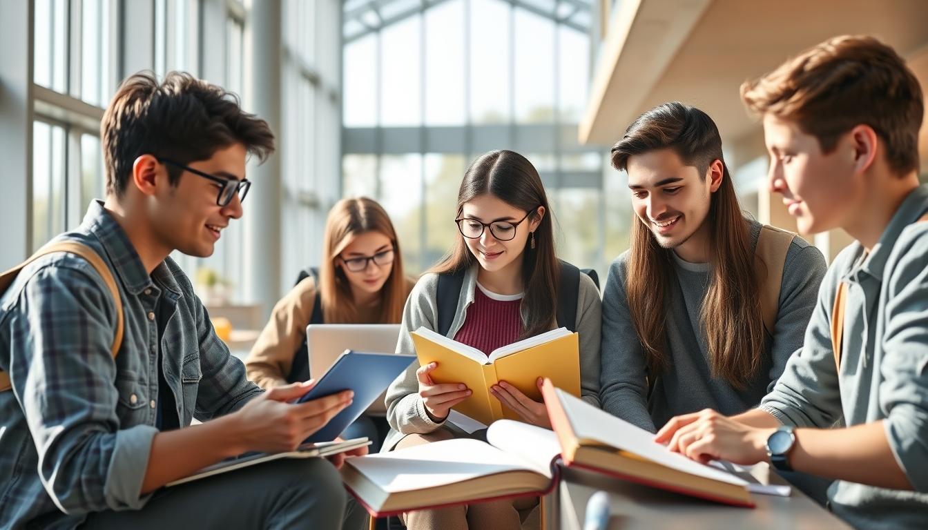 Students studying together in modern classroom